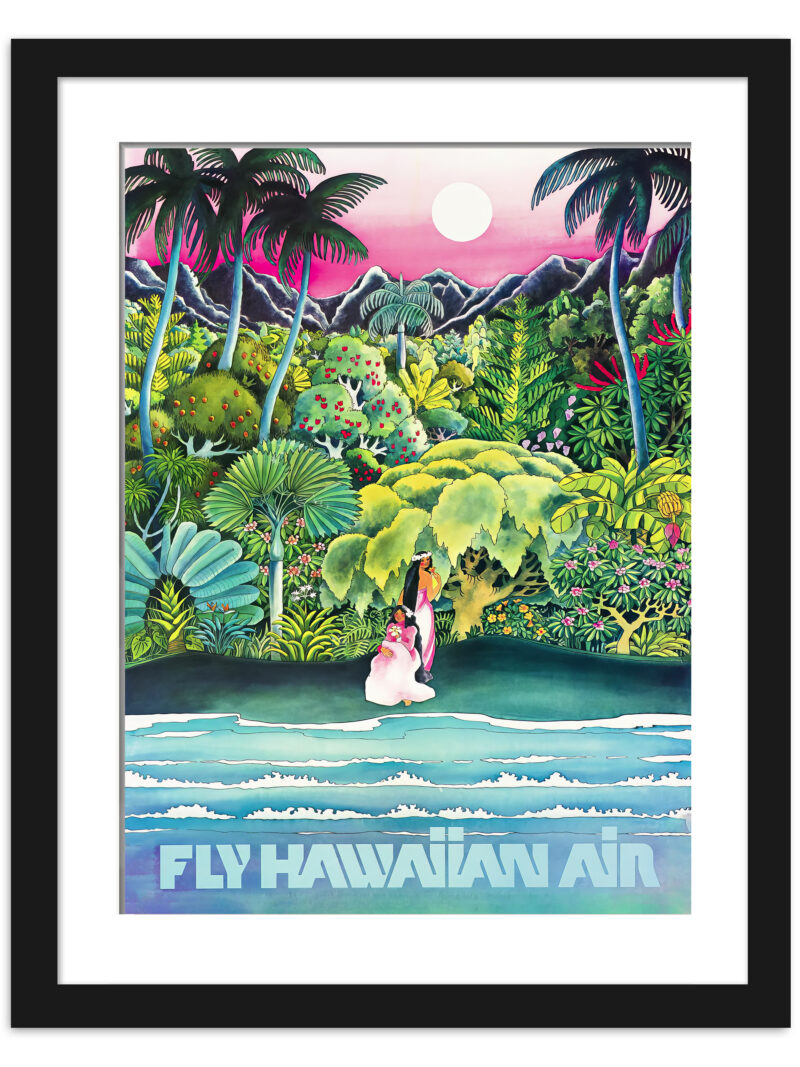 1960 Fly Hawaiian Air travel poster with vibrant tropical artwork