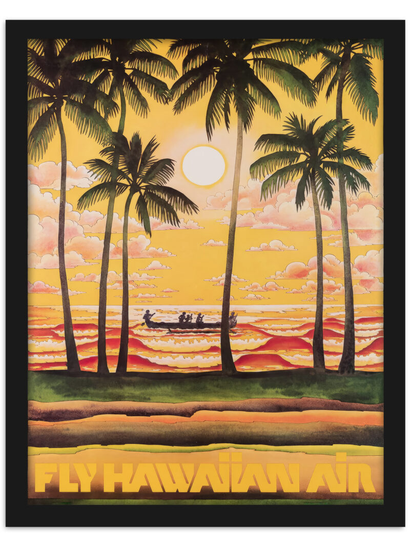 1960s Hawaiian Airline poster with vibrant sunset and palm trees