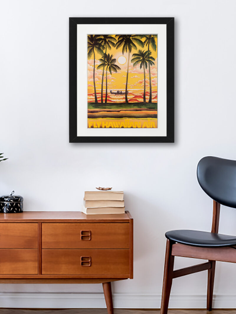 1960s Hawaiian Airline poster with vibrant sunset and palm trees