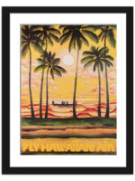 1960s Hawaiian Airline poster with vibrant sunset and palm trees