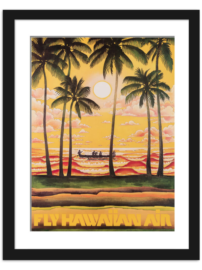 1960s Hawaiian Airline poster with vibrant sunset and palm trees