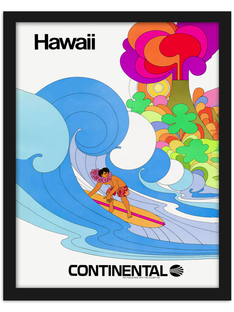 1969 Continental Airlines Hawaii poster with colorful, psychedelic surf design