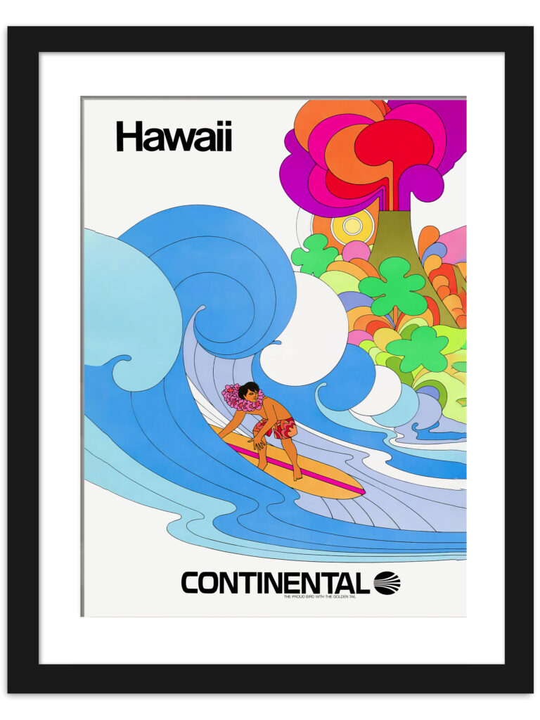 1969 Continental Airlines Hawaii poster with colorful, psychedelic surf design
