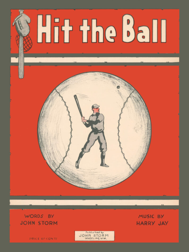 Reproduction of vintage 'Hit the Ball' baseball music cover featuring a player and baseball graphics