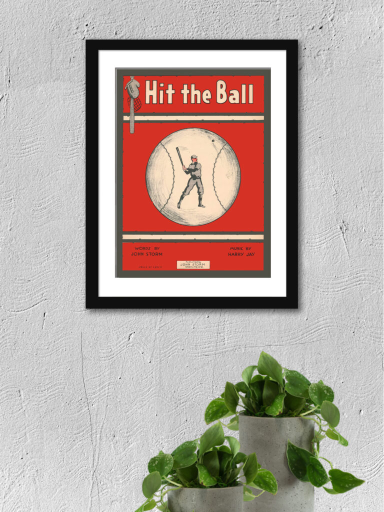 Reproduction of vintage 'Hit the Ball' baseball music cover featuring a player and baseball graphics