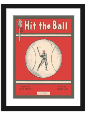 Reproduction of vintage 'Hit the Ball' baseball music cover featuring a player and baseball graphics