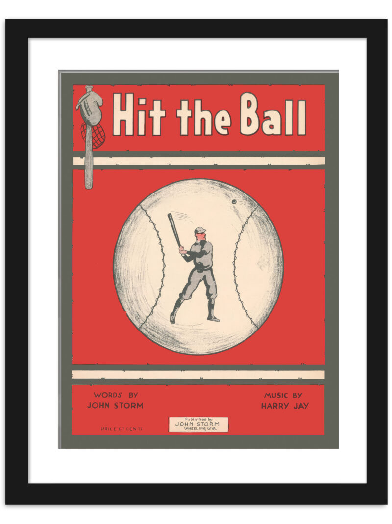 Reproduction of vintage 'Hit the Ball' baseball music cover featuring a player and baseball graphics
