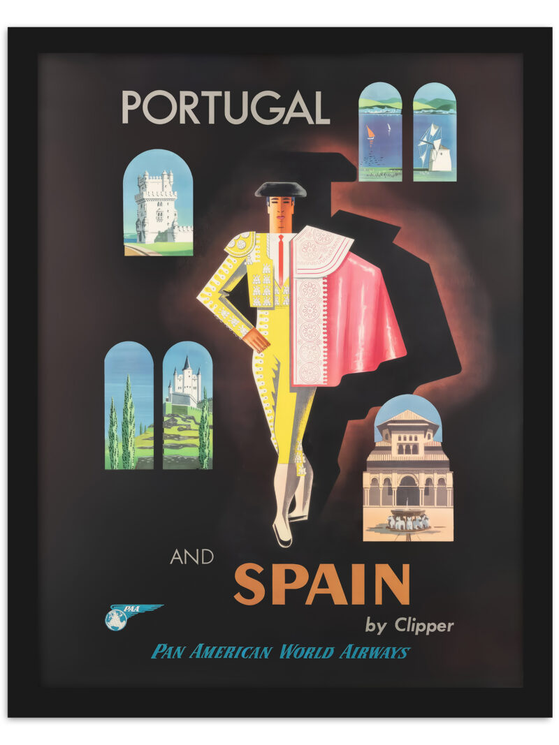 Vintage Iberia Travel Poster by Jean Carlu, featuring cultural icons of Portugal and Spain
