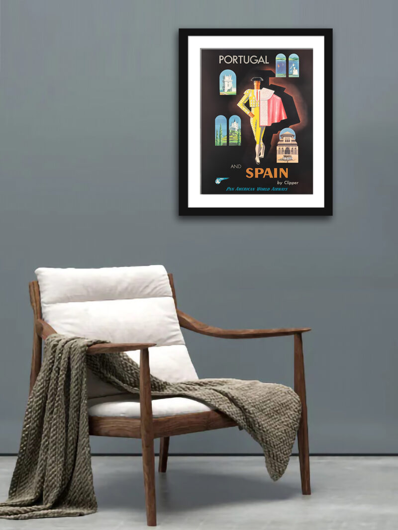 Vintage Iberia Travel Poster by Jean Carlu, featuring cultural icons of Portugal and Spain