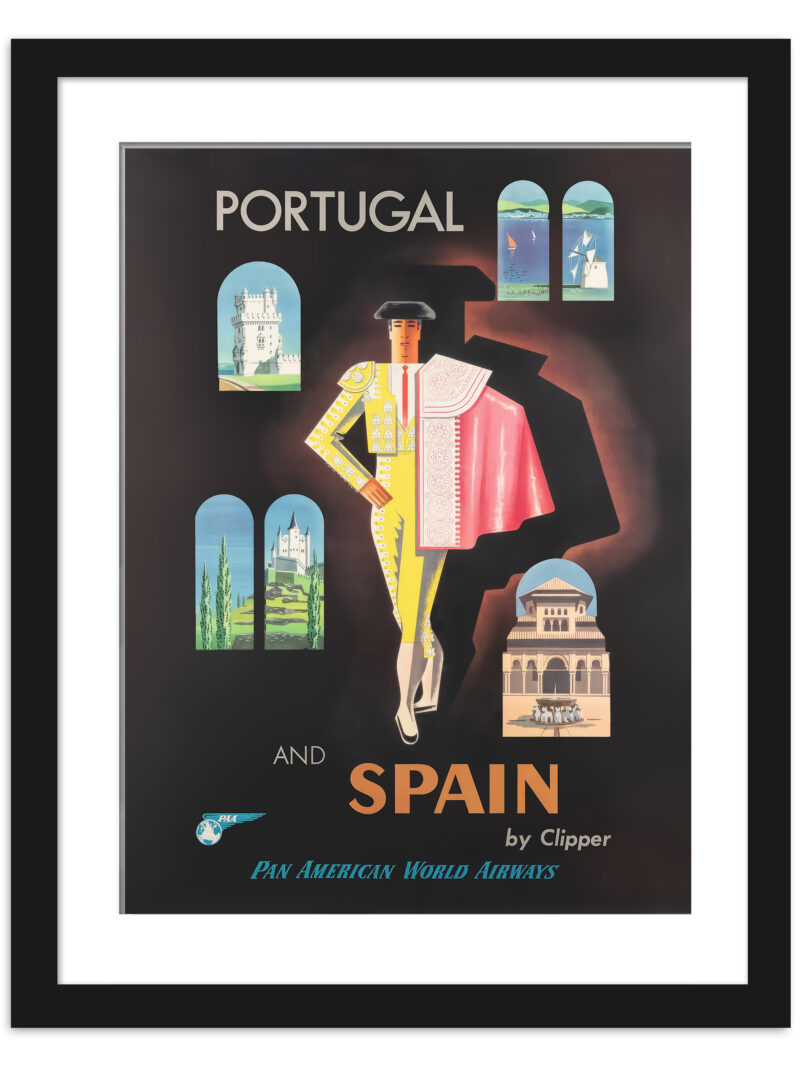 Vintage Iberia Travel Poster by Jean Carlu, featuring cultural icons of Portugal and Spain