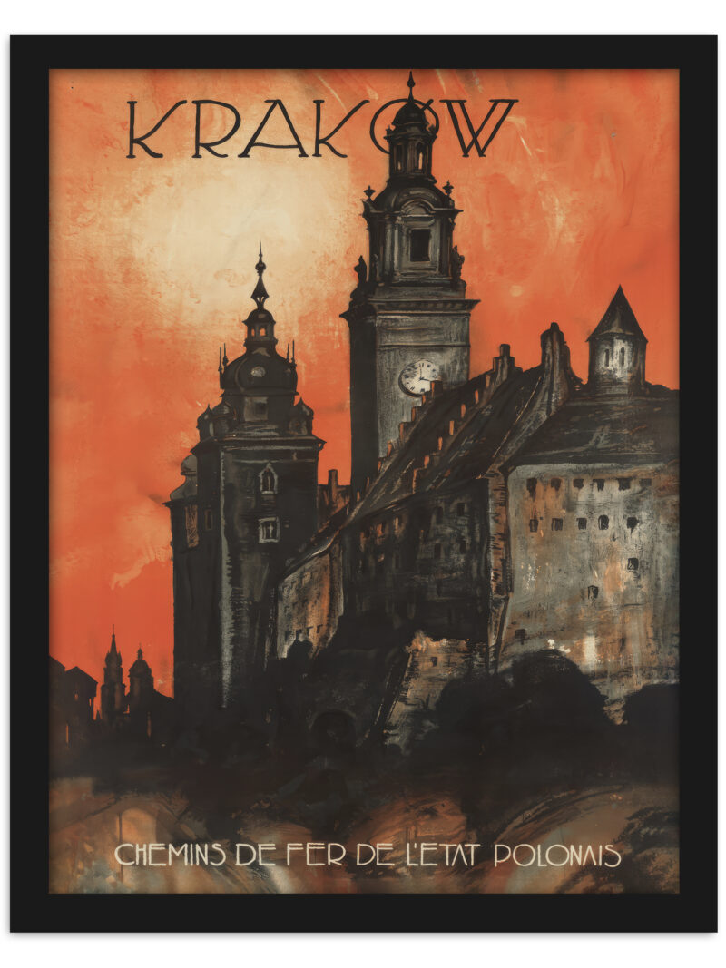 Vintage Krakow Polish Railways Poster featuring iconic city architecture