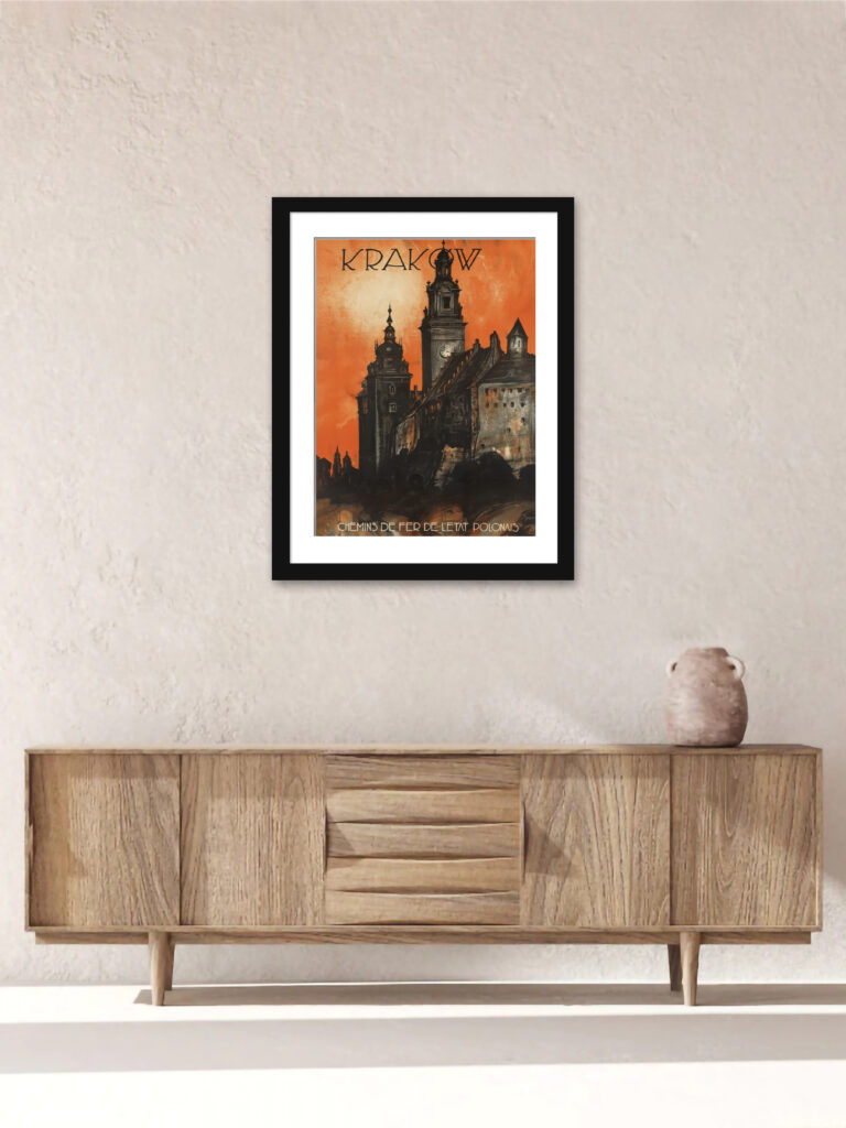 Vintage Krakow Polish Railways Poster featuring iconic city architecture