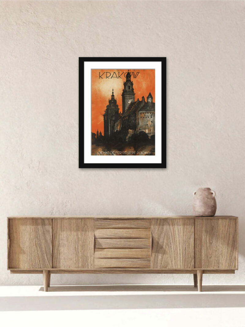Vintage Krakow Polish Railways Poster featuring iconic city architecture