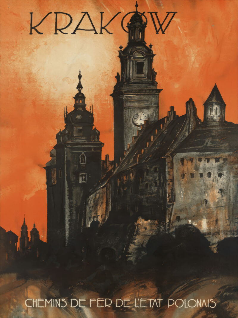 Vintage Krakow Polish Railways Poster featuring iconic city architecture