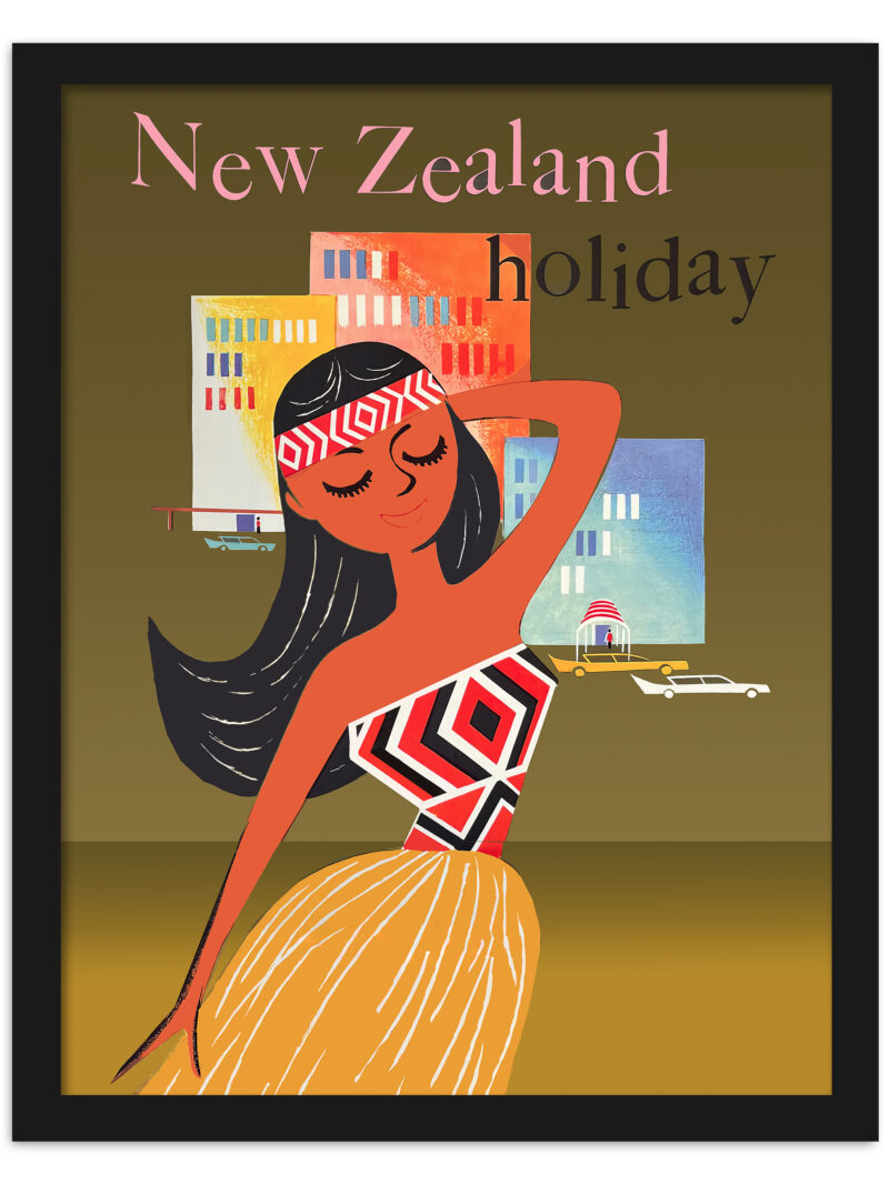 Vintage New Zealand Holiday travel poster with a stylized woman in traditional attire