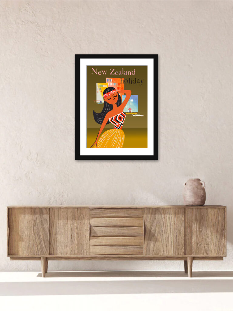 Vintage New Zealand Holiday travel poster with a stylized woman in traditional attire