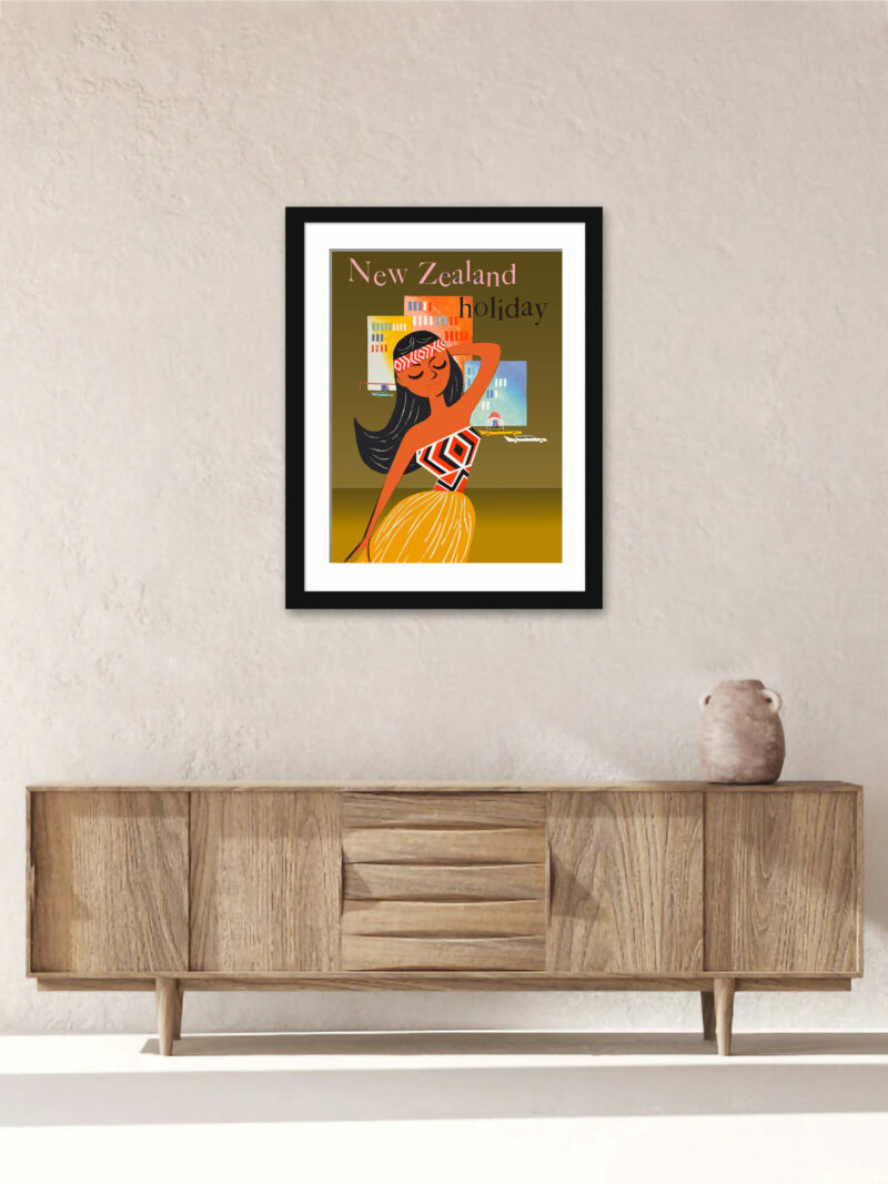 Vintage New Zealand Holiday travel poster with a stylized woman in traditional attire
