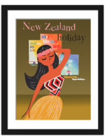 Vintage New Zealand Holiday travel poster with a stylized woman in traditional attire