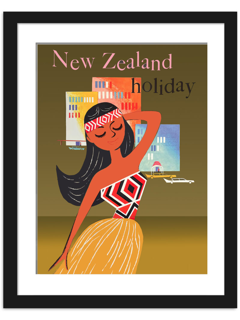 Vintage New Zealand Holiday travel poster with a stylized woman in traditional attire