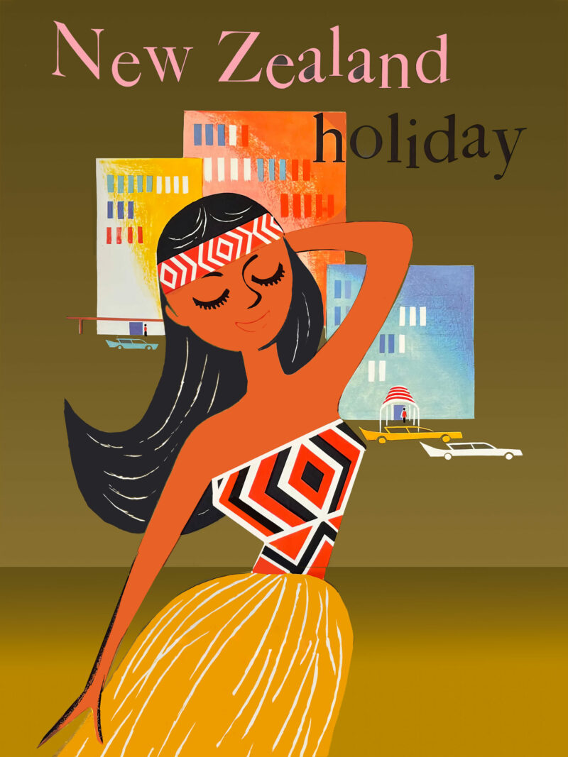 Vintage New Zealand Holiday travel poster with a stylized woman in traditional attire