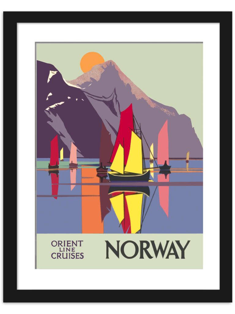 Vintage Orient Line Cruises Norway poster with colorful sailboats and mountains