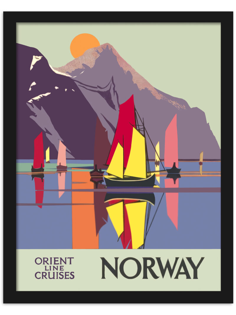 Vintage Orient Line Cruises Norway poster with colorful sailboats and mountains