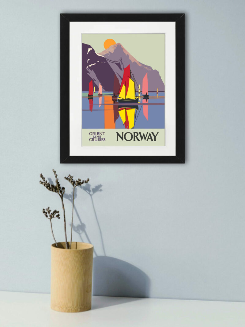 Vintage Orient Line Cruises Norway poster with colorful sailboats and mountains