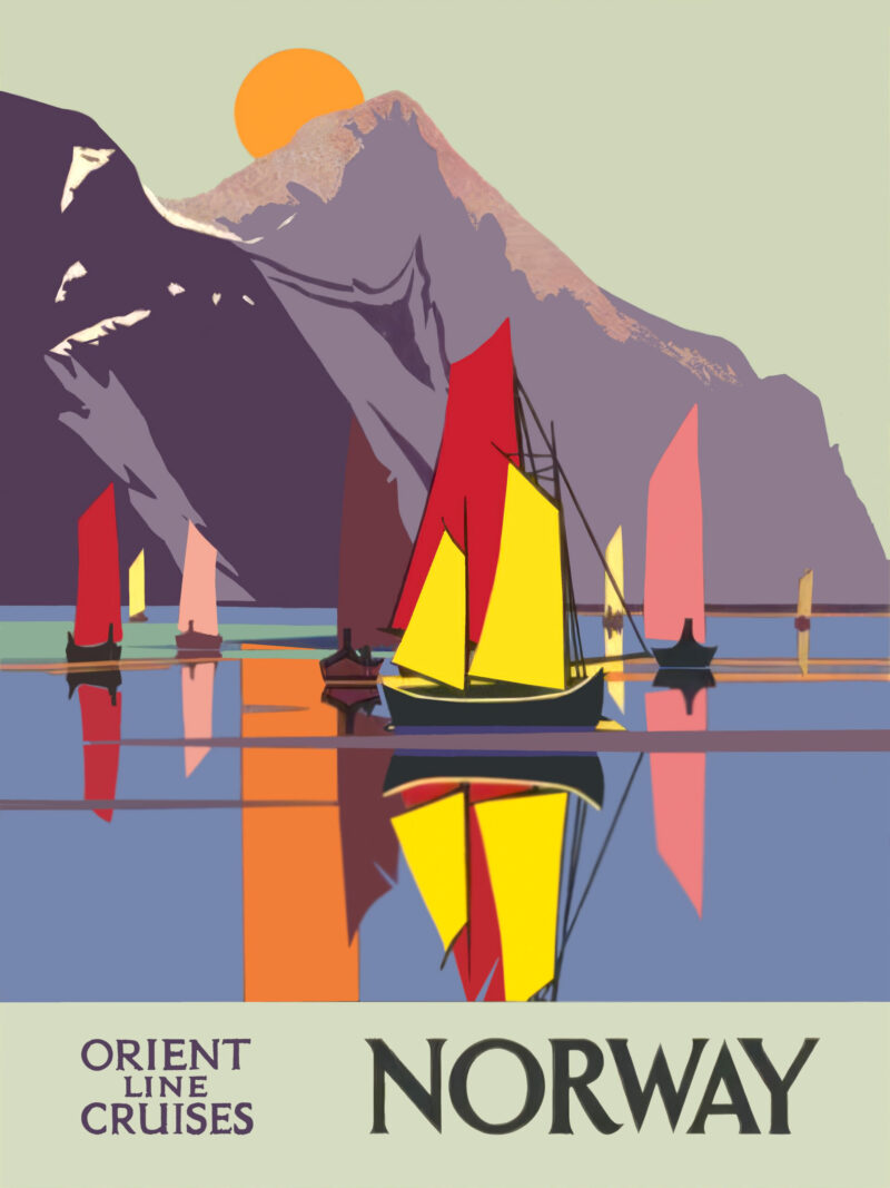 Vintage Orient Line Cruises Norway poster with colorful sailboats and mountains