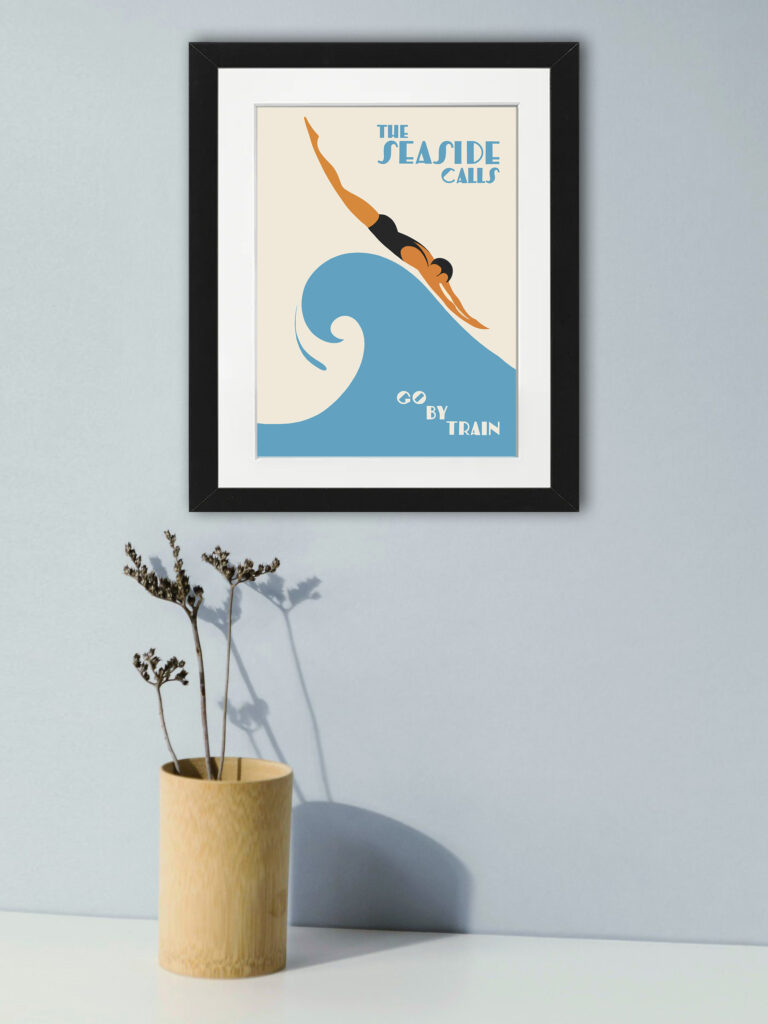 1938 Vintage Beach Train Travel Poster