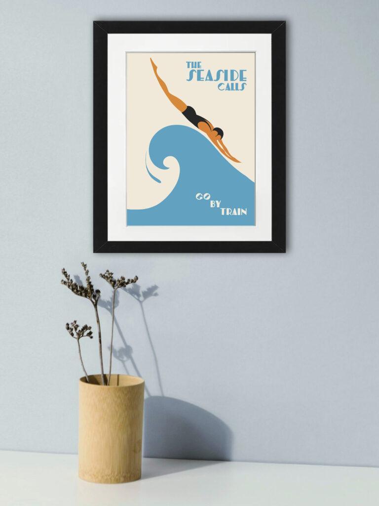 1938 Vintage Beach Train Travel Poster