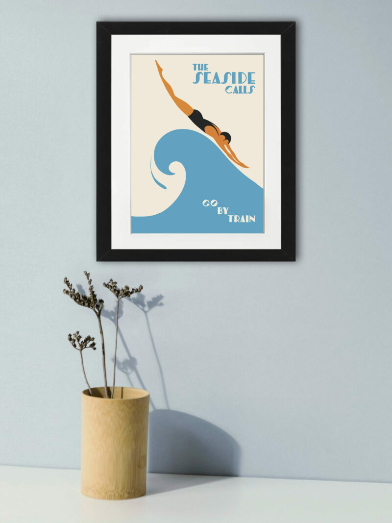 1938 Vintage Beach Train Travel Poster