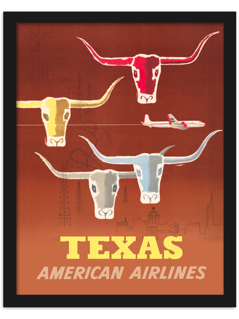 1953 Texas American Airlines poster featuring longhorn cattle and urban landscapes