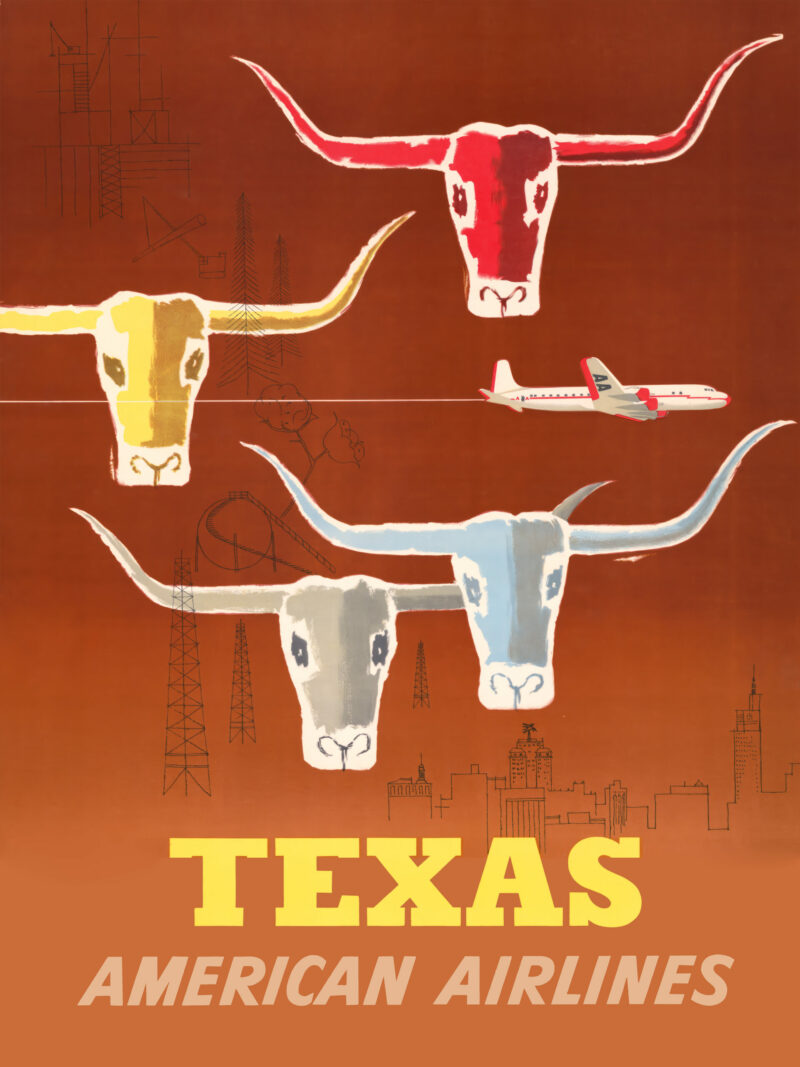 1953 Texas American Airlines poster featuring longhorn cattle and urban landscapes