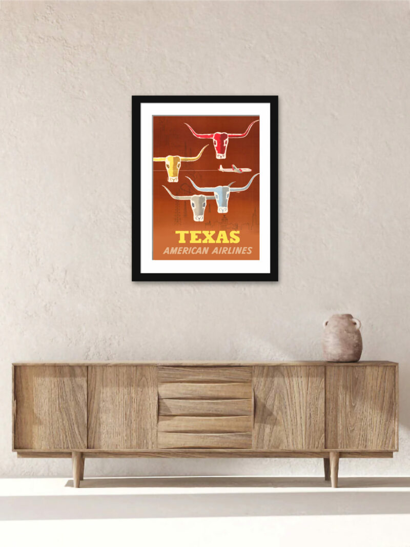 1953 Texas American Airlines poster featuring longhorn cattle and urban landscapes