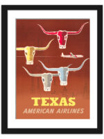 1953 Texas American Airlines poster featuring longhorn cattle and urban landscapes