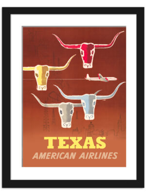 1953 Texas American Airlines poster featuring longhorn cattle and urban landscapes