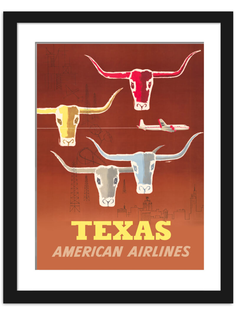 1953 Texas American Airlines poster featuring longhorn cattle and urban landscapes