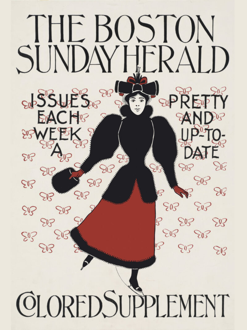 Vintage Boston Sunday Herald advertisement poster with stylish lady
