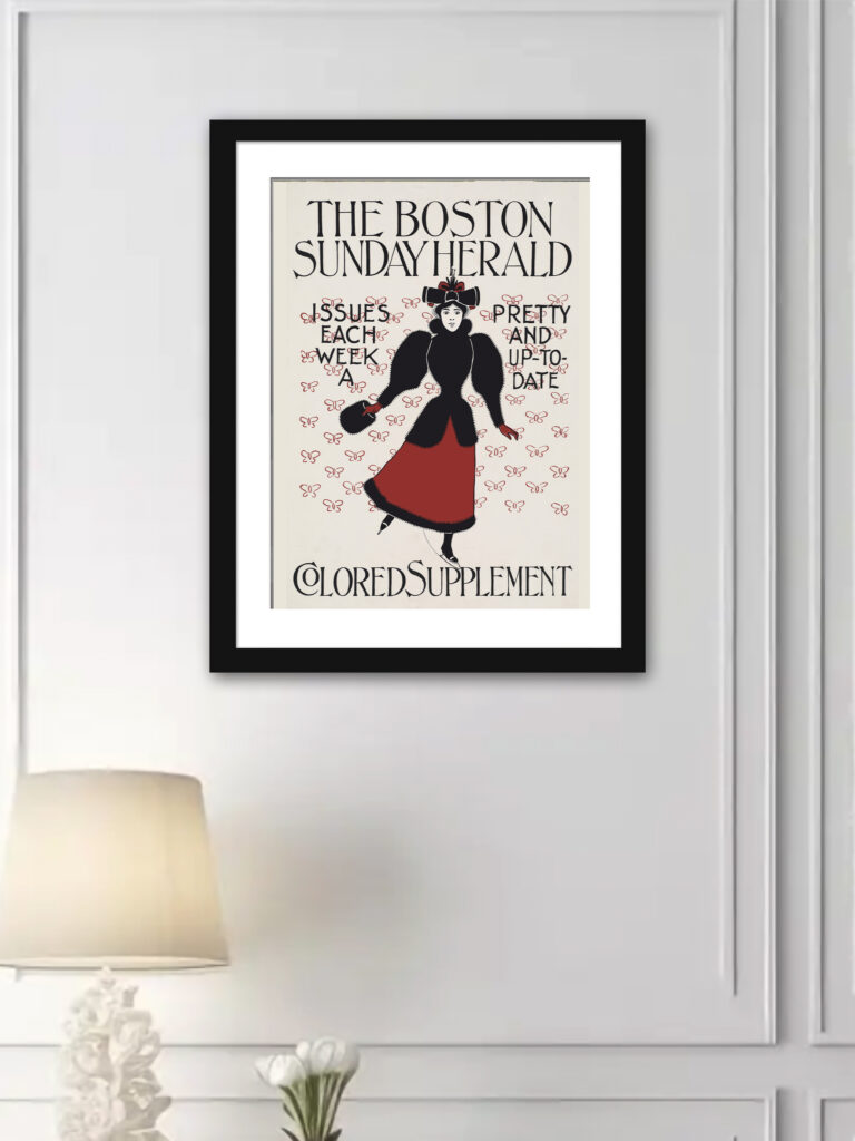 Vintage Boston Sunday Herald advertisement poster with stylish lady
