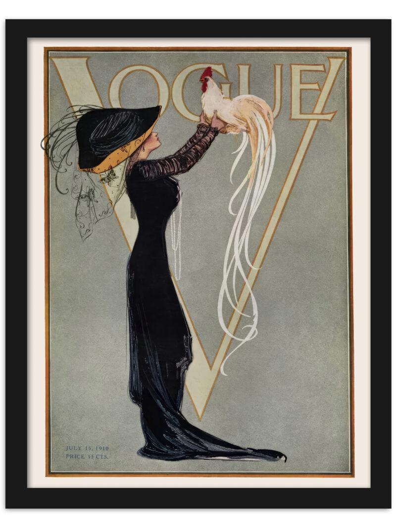 1910 vintage Vogue magazine cover with woman and rooster