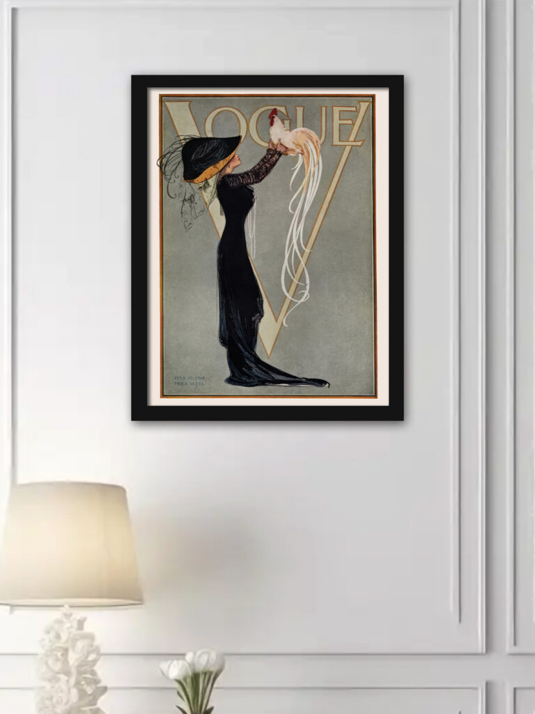 1910 vintage Vogue magazine cover with woman and rooster