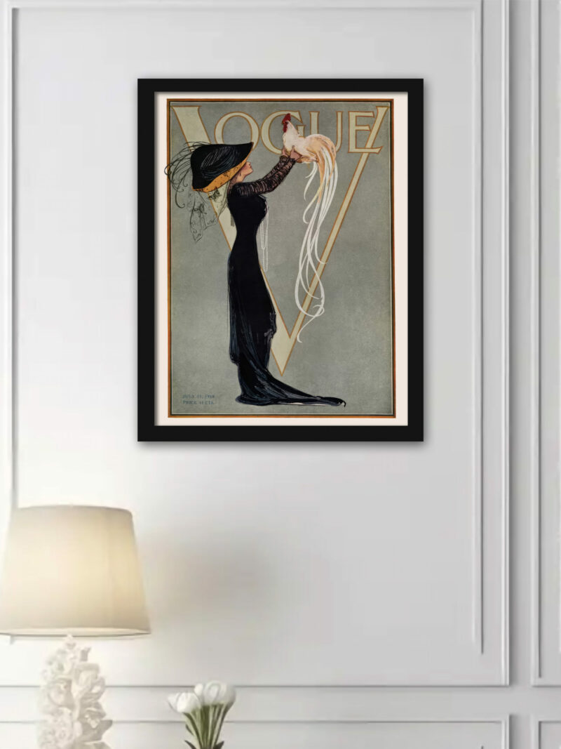 1910 vintage Vogue magazine cover with woman and rooster