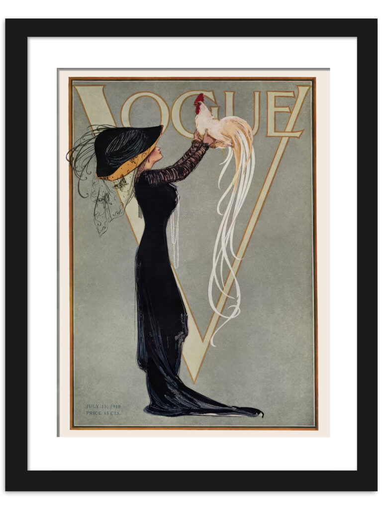 1910 vintage Vogue magazine cover with woman and rooster