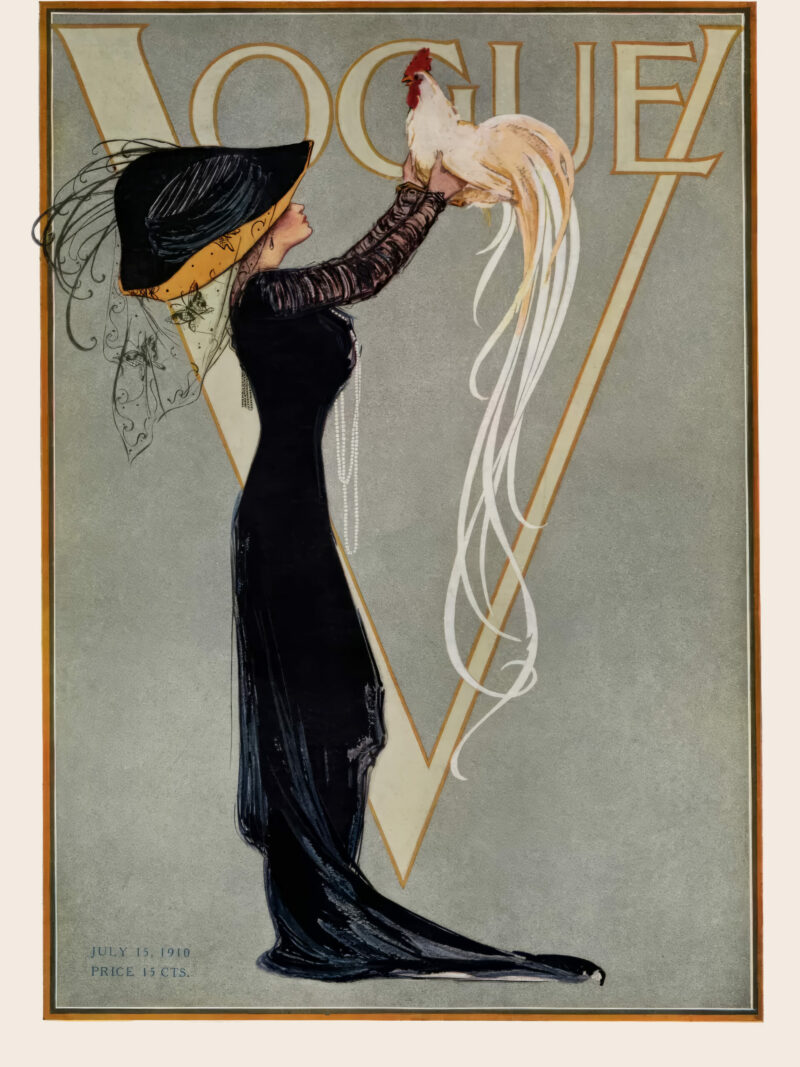 1910 vintage Vogue magazine cover with woman and rooster