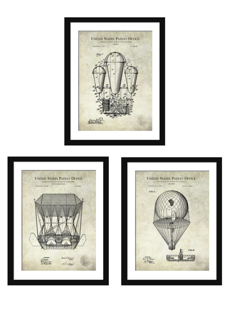 Set of three vintage airship patent prints framed on a wall.