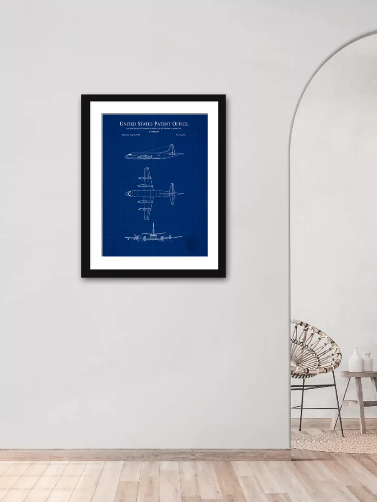 Lockheed P-3 Orion patent drawing print with vintage airplane design